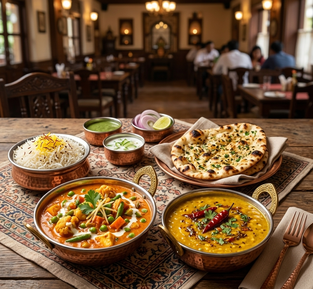 Vegetable Makhanwala + Lentils Curry with Indian Rice or Naan Bread